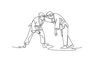 Single one line drawing two men are locked in close-quarters grapple for collar and sleeve. Strategic and focused intensity Judo combat. Modern continuous line draw design graphic vector illustration