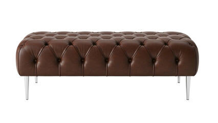 Obraz premium A tufted, rectangular brown leather ottoman with silver legs, set against a black backdrop