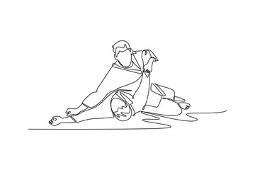 Single one line drawing two men are locked in grappling struggle on ground, one applying pin or control hold over other. Strength and technique. Continuous line draw design graphic vector illustration