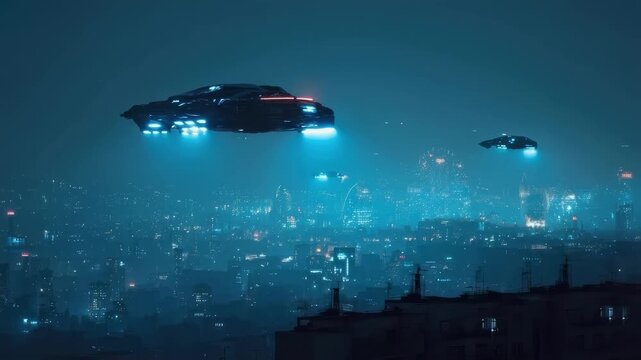 Two futuristic hovercrafts glide above a neon-lit city skyline at night.
