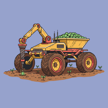 Farm robot planting vector art.Autonomous agricultural machine.Future farming technology.Automated seeder vehicle.Smart agriculture concept