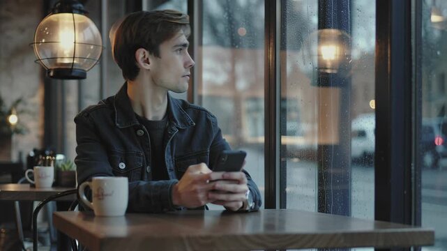 Young man checking his smartphone and wrist watch in a cafe, concept of time management and communication