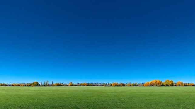 A serene field stretches wide under a flawless blue sky, dotted with vibrant autumn trees. The lush green grass contrasts beautifully with the vivid yellows and oranges, creating a calming scene