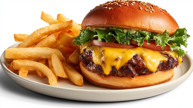 Grilled cheeseburger and crispy fries tasty fast food