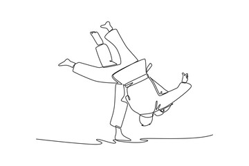 Continuous one line drawing two men are performing dynamic hip throw, with one figure inverted in mid-air during execution of Judo or martial arts. Single line draw design vector graphic illustration