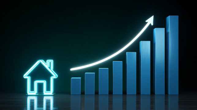 House icon with rising economic bar graph