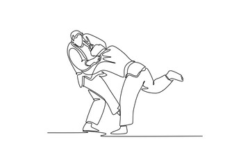 Continuous one line drawing two men are locked in close-quarters grapple with one executing hip-and-leg throw setup. Technique and strength of Judo. Single line draw design vector graphic illustration
