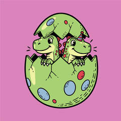 Baby Dino Twins Hatching.Cute Dinosaur Egg Hatch.Funny Birthday Dinosaurs.Vector Cartoon Illustration.Prehistoric Party Design