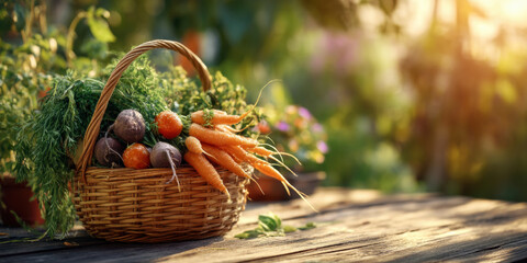 Freshly harvested vegetables in a rustic basket on a wooden table. A beautiful basket of carrots, beets, and other fresh produce sits on a wooden table in a garden setting.