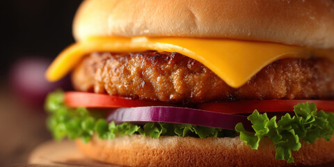 Delicious cheeseburger with fresh ingredients, close-up shot, perfect for food advertising. mouthwatering cheeseburger features a juicy patty, melted cheese, and fresh vegetables, ready to eat.