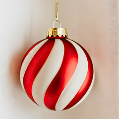 Classic Red and White Striped Christmas Ornament Hanging on a Light Background