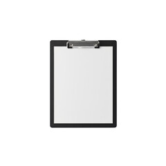 A blank clipboard with white paper and silver clip isolated on a black background ready for your