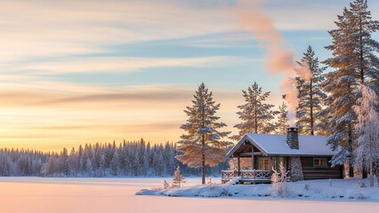 Snowy cabin by a frozen lake, surrounded by pine trees, with smoke from chimney, under a sunset sky, depicting a serene winter landscape