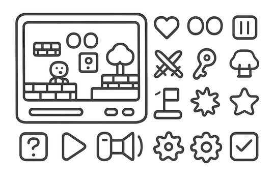 Outline symbols for classic arcade video game interface, controls, and screen display