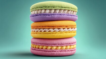 Colorful stacked macarons create a delightful treat, perfect for whimsical dessert promotions, cheerful bakery ads, or vibrant food blog posts