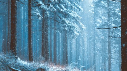 Snow falling on pine trees in a dense blue winter forest image