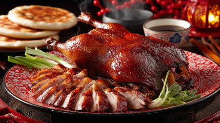 Traditional roast duck served with garnish restaurant dish