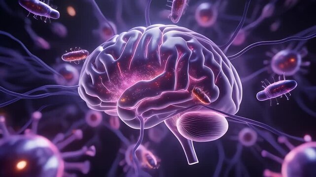 Dynamic interplay between microbial invaders and the human brain, illustrating neurological impact, cognitive function challenges, and intricate complexities of brain health