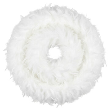 A close-up overhead view of a fluffy white feather boa with a dark center