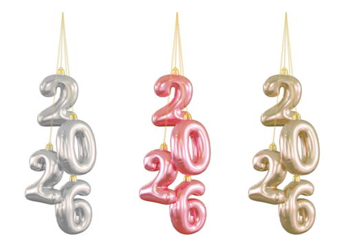 2026 hanging balloon numbers in silver, pink, and gold, isolated on white isolated on transparent background