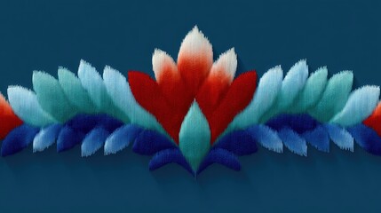 A symmetrical, stylized floral or feather-like embroidery pattern in red, white, teal, and blue colors, set against a solid dark blue background.