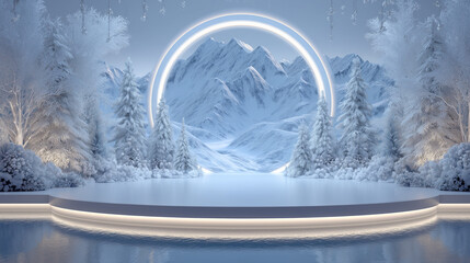 Magical winter stage background snowy trees atmosphere