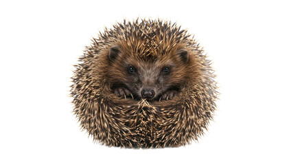 European Hedgehog Curled Up Looking at Camera on Black Background