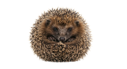 European Hedgehog Curled Up Looking at Camera on Black Background