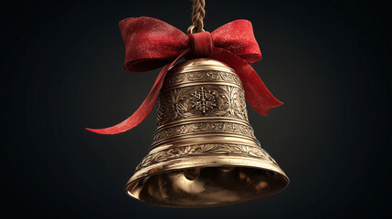Holiday bell golden metal with bright red ribbon bow