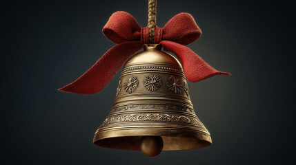 Christmas gold bell decor with red ribbon festive theme