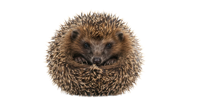 European Hedgehog Curled Up Looking at Camera on Black Background