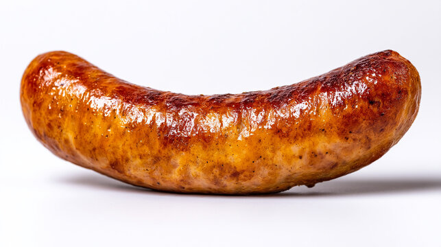 A single grilled sausage with a curved shape on a white background in close up view