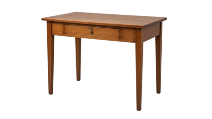 A small, wooden desk with a single drawer and slender legs, isolated on black