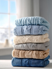 Neatly folded sweaters wool knit clothing warm texture