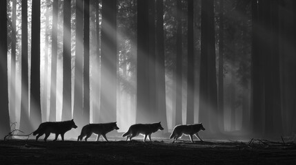 Silhouette wolves group in morning forest light beams