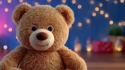 Adorable teddy bear bringing heartfelt joy to a magical celebration with bokeh lights, perfect for heartwarming gifts and festive occasions
