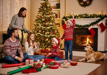 happy family decorating christmas tree