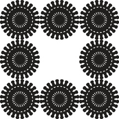 Abstract black radial pattern forming a square frame with decorative geometric shapes 