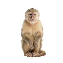 Obraz premium A curious capuchin monkey sits patiently on a black background, looking directly at the camera