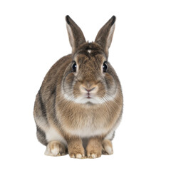A cute brown rabbit with big ears sits attentively on a black background studio shot