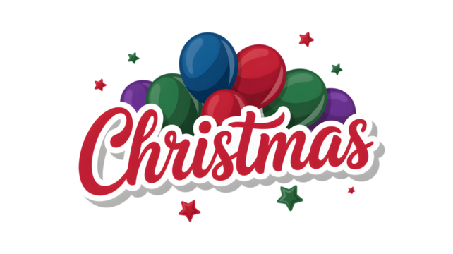 Christmas holiday celebration design with colorful balloons and stars isolated on transparent background