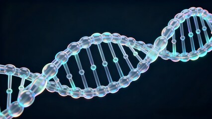 A detailed, glowing, translucent 3D rendering of a DNA double helix structure on a dark background, representing genetics and molecular biology.
