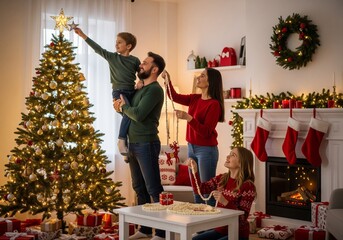 happy family decorating christmas tree