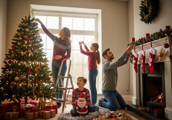 happy family decorating christmas tree