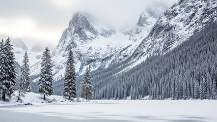 Majestic winter landscape featuring snowcovered mountains, a dense forest of pine trees, and a serene frozen lake under a cloudy sky