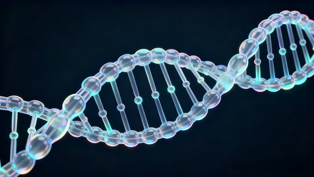 A detailed, glowing, translucent 3D rendering of a DNA double helix structure on a dark background, representing genetics and molecular biology.
