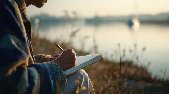 A person sits by a calm lakeside at golden hour, writing in a notebook with a pen while wearing a striped sweater.
