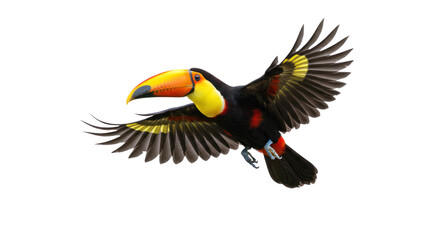 Obraz premium Vibrant Toucan Bird Flying with Wings Spread Isolated on Black Background