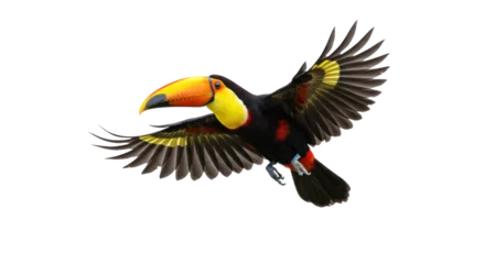 Selbstklebende Fototapeten Tukan Vibrant Toucan Bird Flying with Wings Spread Isolated on Black Background  © stock