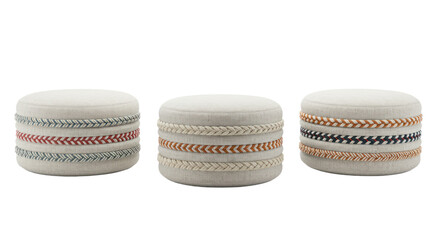 Set of three round upholstered fabric poufs or ottomans with colorful braided rope details, isolated on a black background